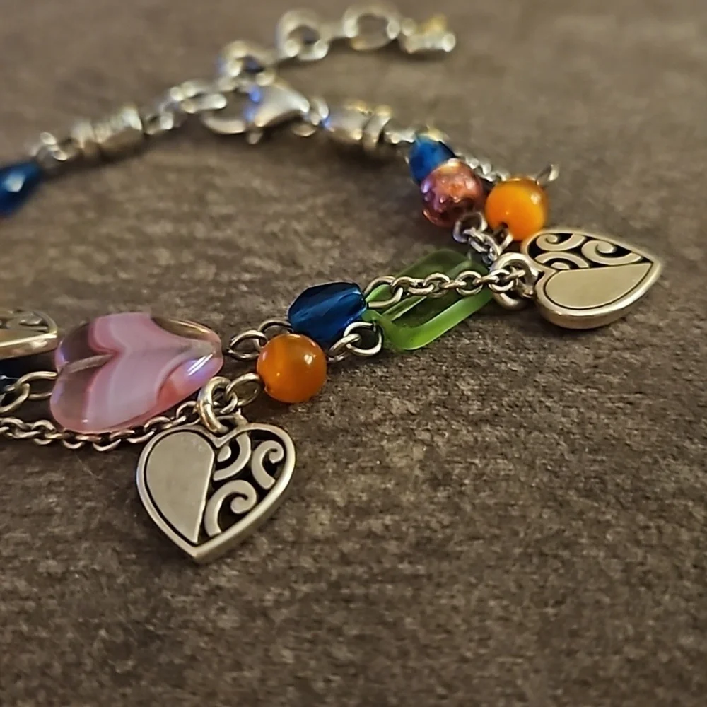 BRIGHTON Deco Bright Glass Beaded Heart Charm Double Chain Bracelet